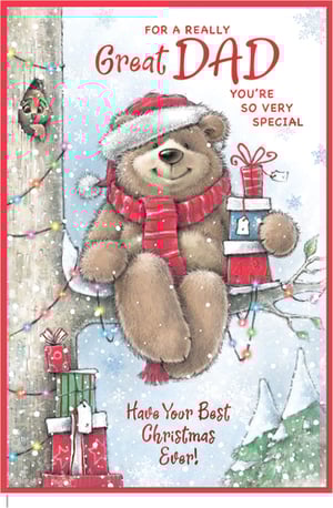 Make Dad's Christmas extra special with this adorable 'Great Dad' Christmas card! Featuring a lovable bear in a festive Santa hat and cosy scarf, perched on a snowy branch surrounded by twinkling lights and gifts, it's a truly heartwarming scene. A little squirrel friend peeks out, adding to the charm. The sweet message, "FOR A REALLY Great DAD YOU'RE SO VERY SPECIAL. Have Your Best Christmas Ever!", perfectly expresses your love and appreciation. Crafted with care by Simon Elvin, these delightful cards come in a handy 1x6 pack, ready to bring joy this festive season.