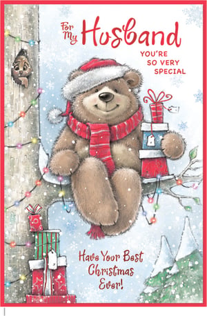 Make his Christmas extra special with this adorable 'For My Husband' Christmas card from Simon Elvin. Featuring a charming bear in a Santa hat and cosy scarf, nestled on a snowy branch surrounded by colourful lights and festive gifts, this card is sure to bring a smile. A little bird peeks from a tree hole, adding to the delightful scene. The sweet message, 'You're So Very Special' and 'Have Your Best Christmas Ever!', perfectly conveys warmth and affection. With its delightful design and heartfelt sentiment, this card is an ideal choice for customers looking to celebrate their husband this festive season. Each pack contains 6 high-quality cards, ready to add a touch of magic to your Christmas card selection.