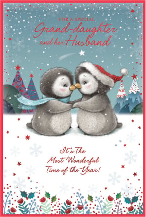 Make Christmas extra special for your customers' loved ones with this heartwarming "Granddaughter & Husband" card from Simon Elvin. Featuring two utterly adorable penguins sharing a sweet moment in a snowy wonderland, complete with festive trees and falling snow, it perfectly captures the magic of the season. The charming message "It's The Most Wonderful Time of the Year!" adds to its appeal. This delightful card is designed to bring joy and warmth to any Granddaughter and her Husband. Available in a convenient pack of 6, it's a wonderful addition to your festive card selection.