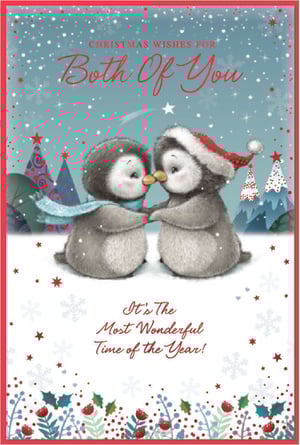 Spread double the festive cheer with this adorable "To Both Of You" Christmas card from Simon Elvin. Featuring two sweet penguins sharing a tender moment in a snowy wonderland, this card perfectly captures the warmth and joy of the season. The charming illustration, complete with a Santa hat and cosy scarf, is sure to bring smiles to any couple.

With the heartfelt message "Christmas Wishes for Both Of You" and "It's The Most Wonderful Time of the Year!", it's ideal for sending warm greetings to a special pair. Available in a convenient pack of 6, these cards are a delightful addition to your seasonal stock, ready to help your customers share their love this Christmas.