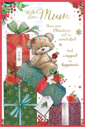 Make Mum's Christmas extra special with this enchanting card from Simon Elvin. This delightful design features a lovable teddy bear, complete with a festive sprig of holly, perched atop a stack of beautifully wrapped presents. The heartwarming message, 'Hope your Christmas will be wonderful and wrapped in happiness...', is perfectly complemented by charming details like sparkling snowflakes, holly, and vibrant poinsettias. It's the ideal way to convey warmth and affection during the festive season. Stock up on this popular choice, available in a handy pack of 6, and help your customers find the perfect Christmas greeting for their beloved Mum.