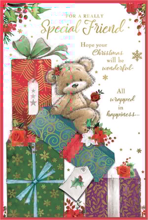 Share the joy of the season with this lovely Christmas card, perfect for a special friend. From Simon Elvin, this charming design features a cute teddy bear sitting amongst a pile of beautifully wrapped festive gifts. The card is adorned with classic Christmas elements like holly, berries, and poinsettias, with subtle gold accents and snowflakes adding to the festive feel. The warm message inside reads, "Hope your Christmas will be wonderful, All wrapped in happiness..." making it an ideal choice for a cherished friend. Each pack contains 6 cards, ready to spread cheer.