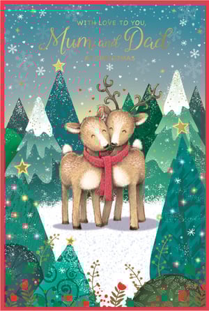 Help your customers share festive affection with this charming 'Mum & Dad' Christmas card from Simon Elvin. This delightful design features two adorable reindeer, warmly wrapped in a red scarf, nestled amongst a snowy forest scene. Decorated Christmas trees and falling snowflakes create a magical winter wonderland, perfectly complementing the heartfelt 'With Love to You, Mum and Dad at Christmas' message. A truly sweet way to celebrate parents during the festive season. Available in a convenient pack of 6, these cards are ready to bring joy to families.