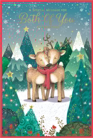 Spread festive cheer with this enchanting 'To Both Of You' Christmas card from Simon Elvin. Perfect for couples, this delightful design features two adorable reindeer, snuggled close and sharing a cosy red scarf, set against a magical snowy backdrop of twinkling Christmas trees and falling snowflakes. The heartwarming scene, complete with golden stars and subtle red hearts, beautifully conveys a special message of love and togetherness during the holiday season. This charming card is sure to bring a smile to any recipient. Available in a convenient pack size of 1x6, it's an ideal addition to your festive card collection.