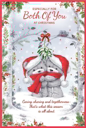 Share the festive spirit with this heartwarming "To Both Of You" Christmas card from Simon Elvin. The charming design features two adorable teddy bears, snuggled close in Santa hats and a shared red scarf, beneath a sprig of mistletoe. A pair of sweet birds perch on a snowy branch above, completing this delightful winter scene. The card's message, "Especially for Both Of You at Christmas," is beautifully complemented by the sentiment, "Caring, sharing and togetherness – That's what this season is all about." Perfect for sending warm wishes to a special couple, this card truly embodies the joy of the holidays. Available in a convenient pack of 6, it's ready to spread cheer.