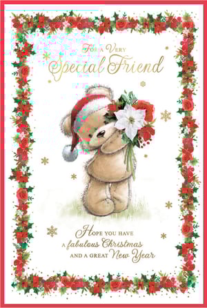 Spread festive cheer to a special friend this Christmas with this utterly charming card! Featuring an adorable teddy bear in a Santa hat, clutching a beautiful bouquet of seasonal flowers, it's sure to bring a smile. The heartfelt message wishes 'a fabulous Christmas and a great New Year', all framed by a delightful border of poinsettias and holly.
Designed specifically for a female friend, this sweet card is perfect for conveying warm wishes during the festive season. Stock up on these lovely cards, available in handy packs of 6, ready for your customers to share the joy.