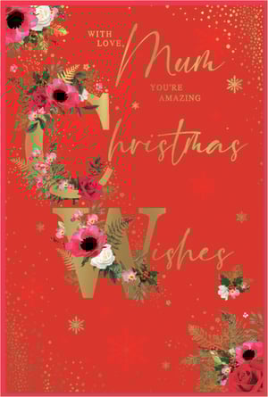 Make your Mum's Christmas truly special with this beautiful card from Simon Elvin. Featuring a vibrant red background, adorned with shimmering gold snowflakes and speckles, this design exudes festive elegance. Large, ornate gold letters are beautifully embellished with a stunning array of festive flowers, including rich red poppies, delicate white roses, lush green ferns, and traditional berries, creating a luxurious feel. The heartfelt message 'With Love, Mum You're Amazing Christmas Wishes' is presented in elegant gold script, making it the perfect way to show your appreciation. This gorgeous card is sure to bring a warm smile to her face this festive season. Pack size: 1x6.