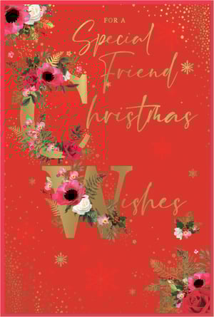 Send warm festive greetings to a special friend this Christmas with our beautiful 'Friend Female' card. Featuring a rich red background and shimmering gold accents, this card truly captures the spirit of the season. Elegant gold lettering spells out "For A Special Friend Christmas Wishes," beautifully intertwined with charming floral arrangements of vibrant poppies, classic roses, and festive foliage. Delicate gold snowflakes and sparkling details add a touch of magic. Perfect for showing appreciation, these cards come in a convenient pack of 6, ensuring you have a thoughtful message ready for every female friend. A lovely way to spread joy!
