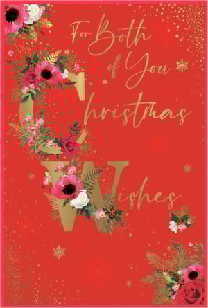 Share the joy of the season with our 'To Both Of You' Christmas card. This elegant design features a striking red background, enhanced with shimmering gold accents and subtle snowflakes. The heartfelt message "For Both of You Christmas Wishes" is beautifully presented in gold script, with the prominent 'C' and 'W' letters adorned with a delightful array of red poppies, white roses, green ferns, and festive berries. Crafted by Simon Elvin, this card offers a warm and sophisticated way to send your greetings to a special pair. Available in a convenient pack of 6, it's ideal for retailers looking for quality Christmas stock.