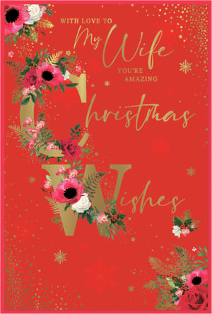 Celebrate your amazing wife this Christmas with this truly beautiful card from Simon Elvin. Set against a vibrant red backdrop, adorned with shimmering gold speckles and elegant snowflakes, this design exudes festive charm. Large, ornate gold letters spell out 'Christmas Wishes', intricately decorated with a stunning array of red poppies, classic white and red roses, lush green ferns, and festive berries. The loving message, 'WITH LOVE TO My Wife YOU'RE AMAZING', makes this the perfect card to convey heartfelt affection. Offered in a convenient pack of 6, this 'Wife' card is an ideal addition to your seasonal greeting card selection. Help your customers share their love with this exquisite design.