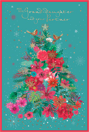 Offer your customers a truly special way to send festive wishes with this Granddaughter & Partner Christmas card from Simon Elvin. This eye-catching design features a vibrant, modern Christmas tree, artfully crafted from colourful blooms, lush foliage, and sparkling gold accents, all set against a rich teal background. Two charming robins perch amongst the branches, adding a traditional touch. The elegant gold script makes it perfect for a beloved granddaughter and her partner. Supplied in a convenient pack of 6, these cards are sure to be a popular choice for the festive season.