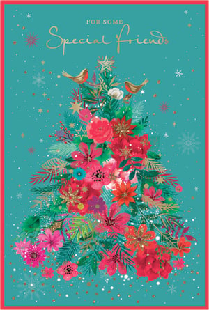 Send heartfelt festive greetings with our beautiful 'Friends' Christmas cards, brought to you by Simon Elvin. This enchanting design showcases a unique Christmas tree, intricately formed from a vibrant medley of red, pink, and purple flowers, lush green foliage, and sparkling golden details. Two delightful robins add a traditional touch, perched gracefully amidst the festive blooms. The rich teal background, sprinkled with delicate snowflakes and glitter, enhances the magical scene. Each card features elegant gold lettering that reads 'FOR SOME Special Friends', making it an ideal choice for sharing warm wishes. Supplied in a convenient pack of 6, these cards are perfect for helping your customers connect with their special friends this holiday season.