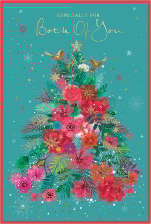 Presenting the 'To Both Of You' Christmas card from Simon Elvin, a truly enchanting design perfect for conveying warm wishes to a special couple or pair. This exquisite card showcases a unique Christmas tree illustration, artfully composed of vibrant red and pink flowers, lush green foliage, and shimmering gold accents. Two charming robins gracefully perch atop the tree, adding a touch of classic festive appeal. The elegant 'Especially For Both Of You' message is beautifully rendered in gold script against a serene teal background, subtly adorned with delicate snowflakes. Available in convenient packs of 6, these cards are designed to capture attention and spread joy this festive season.