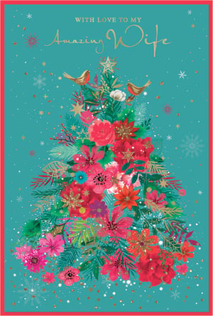 Show your customers how to express their love this festive season with this stunning Christmas card for a beloved wife. From Simon Elvin, this beautiful card features a vibrant, contemporary take on a Christmas tree, adorned with an array of rich red, pink, and green florals, accented with shimmering gold glitter and delicate snowflakes. Two charming robins perch amongst the festive foliage, adding a touch of classic Christmas charm. The heartfelt message 'WITH LOVE TO MY Amazing Wife' is elegantly scripted in gold, making it a truly special way to convey affection. Perfect for retailers looking to offer a unique and eye-catching design, these cards come in a convenient pack of 6. A wonderful choice for wives who appreciate a modern, colourful, and loving Christmas greeting.