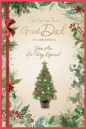 Help your customers celebrate their wonderful dads this Christmas with this exquisite card from Simon Elvin. This 'Dad' Christmas card features a beautifully decorated Christmas tree, surrounded by lush festive foliage including holly, berries, and pine. Elegant gold foil lettering spells out the warm message: 'With Love To A Great Dad AT CHRISTMAS You Are So Very Special,' complemented by a charming red ribbon and bow. The tasteful design and heartfelt sentiment make it a perfect choice for showing appreciation. Stock up with our convenient 1x6 pack size, ensuring you have plenty of these special cards for the festive season.