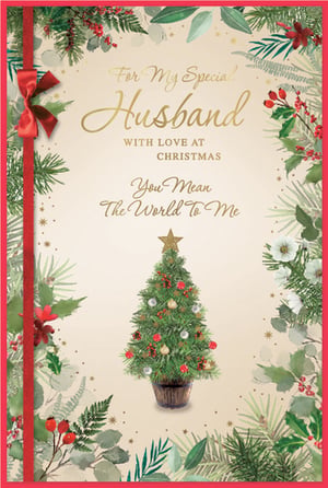 Help your customers celebrate their special bond this Christmas with this lovely 'Husband' card from Simon Elvin. Featuring a warm and heartfelt message, 'For My Special Husband, With Love At Christmas, You Mean The World To Me', it's designed to convey deep affection.
The card showcases a beautifully decorated Christmas tree, framed by a festive border of traditional green foliage, including pine, holly with red berries, and delicate mistletoe. A striking red ribbon and bow adorn the left side, complemented by subtle golden star accents that add to the seasonal charm.
This high-quality card offers a wonderful way for customers to express their love. Available in a wholesale pack of 1x6, it's a thoughtful addition to your Christmas card range, ensuring you have the perfect option for those looking to honour their husband during the festive season.