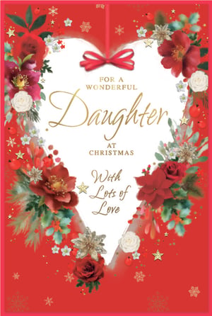 Help your customers celebrate their wonderful daughters this Christmas with this exquisite card from Simon Elvin. This beautiful 'Daughter' Christmas card features a stunning heart-shaped design, richly adorned with festive red and white flowers, lush green foliage, and sparkling gold accents. A charming red bow completes the elegant look.
Inside the heart, the heartfelt message "For a Wonderful Daughter at Christmas With Lots of Love" is beautifully presented in elegant gold script, making it a truly special way to convey affection. Perfect for retailers seeking high-quality, sentimental Christmas cards. Each wholesale pack contains 6 cards, ensuring you're well-stocked for the festive season.
