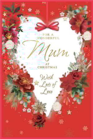 Show Mum just how much she means to you this Christmas with this truly wonderful card from Simon Elvin. Featuring a beautiful heart-shaped design, it's adorned with rich red and green festive foliage, elegant flowers, and sparkling gold accents, creating a truly heartfelt message. The warm sentiment, "FOR A WONDERFUL Mum AT CHRISTMAS With Lots of Love," is sure to bring a smile to her face. This elegant card is perfect for expressing love and appreciation during the festive season. Available in convenient packs of 6, it's an ideal choice for your Christmas card selection.