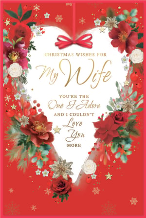 Make this Christmas extra special for your beloved wife with this exquisite card from Simon Elvin. Adorned with a beautiful heart-shaped frame of rich red and delicate white flowers, festive berries, and elegant gold glitter details, this card radiates warmth and affection.
The touching message, 'CHRISTMAS WISHES FOR My Wife YOU'RE THE One I Adore AND I COULDN'T Love You MORE,' conveys a truly heartfelt sentiment. Perfect for retailers, this card offers a loving and visually appealing option for husbands to express their devotion. Each pack includes 6 of these charming 'Wife' Christmas cards, ensuring your customers can find the perfect way to celebrate their love this festive season.