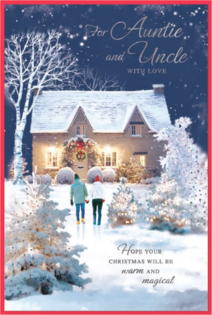 Share the magic of Christmas with our enchanting Auntie & Uncle card, brought to you by Simon Elvin. This beautiful card captures a truly heartwarming winter scene, perfect for sending festive wishes to your beloved aunt and uncle. A charming, snow-covered cottage, adorned with a festive wreath and glowing lights, creates a wonderfully cosy atmosphere. Two figures, hand-in-hand, approach the inviting home amidst a sparkling, snowy landscape and twinkling trees. The card's message, "Hope your Christmas will be warm and magical," perfectly complements the idyllic design. Stock up with this lovely pack of 6, an ideal choice for retailers seeking quality and heartfelt Christmas greetings.