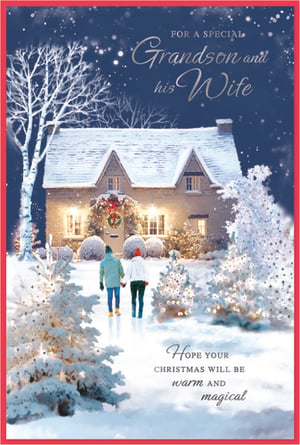 Send warm wishes this Christmas with our delightful 'Grandson & Wife' Christmas card from Simon Elvin. This enchanting design captures the magic of the season, featuring a cozy, snow-covered cottage adorned with festive lights and a welcoming wreath. A loving couple, hand-in-hand, approaches the illuminated home, surrounded by sparkling, snow-laden trees. The heartfelt message inside wishes them a Christmas that is 'warm and magical'. Perfect for retailers, these high-quality cards are sold in convenient packs of 6, ensuring your customers can find the ideal card for their special Grandson and his Wife.