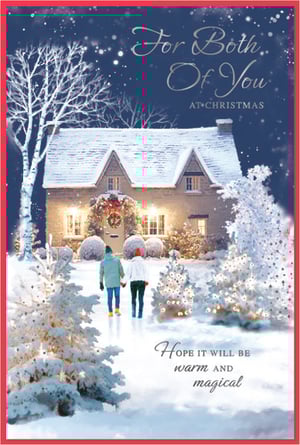 Bring the magic of Christmas to your customers with this enchanting "To Both Of You" card from Simon Elvin. Featuring a beautiful snowy scene, a warm, inviting cottage glows with festive lights, while a couple hand-in-hand approaches their cozy haven. Snow-dusted trees and twinkling decorations complete this idyllic winter wonderland. The heartfelt message "For Both Of You AT CHRISTMAS" and "Hope it will be warm AND magical" makes it the perfect choice for couples. This delightful card captures the true spirit of the season, offering a touch of warmth and romance. Available in a convenient pack of 6, it's an ideal addition to your Christmas card selection.