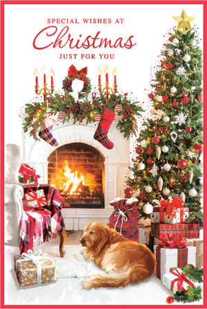 Bring the warmth and joy of Christmas to your customers with this beautiful 'Open Male' Christmas card from Simon Elvin. Featuring a truly heartwarming scene, this card captures the essence of a perfect festive day. A cosy fireplace, adorned with traditional garlands and stockings, glows beside a beautifully decorated Christmas tree, laden with sparkling ornaments and a golden star. Adding to the charm, a friendly golden retriever rests peacefully by the hearth, surrounded by an abundance of festive gifts. The elegant message "SPECIAL WISHES AT Christmas JUST FOR YOU" makes it ideal for sending heartfelt greetings to any male recipient. Available in a convenient pack size of 1x6, this card is a must-have for your seasonal collection, promising to spread cheer and goodwill.