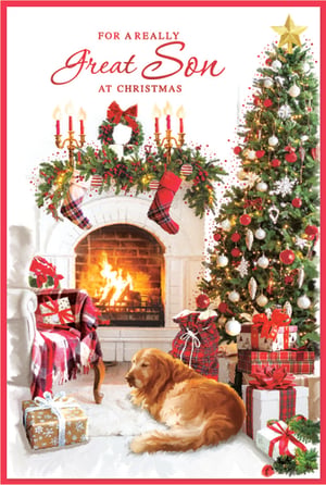 Celebrate your son this Christmas with this charming card from Simon Elvin. Featuring a beautifully illustrated festive scene, it perfectly captures the warmth and joy of the season. A crackling fireplace, adorned with traditional garlands, candles, and stockings, creates a cozy atmosphere. Beside it, a twinkling Christmas tree, richly decorated with baubles and lights, stands tall. An adorable golden retriever rests peacefully on a soft rug, surrounded by beautifully wrapped gifts, adding a heartwarming touch. The card’s front proudly declares, 'FOR A REALLY Great Son AT CHRISTMAS', making it an ideal choice to convey your festive wishes. Available in a convenient pack of 6, it’s perfect for retailers preparing for the holiday rush.