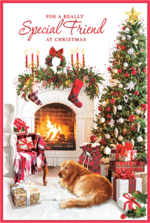 Send heartfelt Christmas wishes to a special friend with this charming card from Simon Elvin. The design captures a wonderfully cozy festive scene, featuring a crackling fireplace decorated with a lush garland, candles, and traditional stockings. A golden retriever dog rests contentedly on a soft rug, while a beautifully adorned Christmas tree, sparkling with lights and baubles, stands beside a collection of wrapped gifts. The card's message, "FOR A REALLY Special Friend AT CHRISTMAS," perfectly conveys your warm sentiments. This delightful card is ideal for sharing holiday cheer. Supplied in a pack of 6.