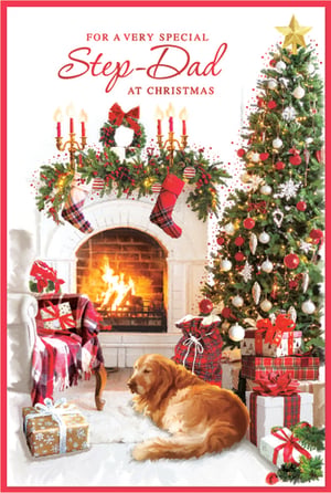 Make your Step-Dad's Christmas truly special with this heartwarming card from Simon Elvin. Featuring a beautifully illustrated festive scene, it perfectly captures the warmth and joy of the season. A cozy fireplace glows invitingly, adorned with traditional garlands, stockings, and candles, while a magnificent Christmas tree sparkles with decorations. A friendly golden retriever adds to the charm, surrounded by beautifully wrapped gifts. This card conveys a message of love and appreciation, making it an ideal choice for any Step-Dad. Available in a convenient pack size of 1x6, it's a wonderful addition to your Christmas card selection.