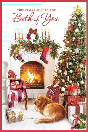 Capture the true spirit of Christmas with this enchanting 'To Both Of You' card from Simon Elvin. This heartwarming design showcases a festive living room, complete with a crackling fireplace, a beautifully adorned Christmas tree, and a loyal golden retriever nestled amongst presents.

It's the ideal choice for sending warm wishes to couples, friends, or family this holiday season, perfectly conveying "Christmas Wishes For Both of You". The rich details and cosy scene make it a truly special greeting. Available in a practical 1x6 pack, it's a must-have for your seasonal greeting card selection.