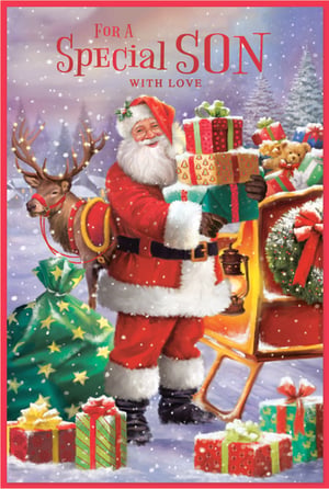 Make your son's Christmas truly magical with this delightful card! Featuring a classic festive scene, Santa Claus himself is depicted holding a stack of beautifully wrapped gifts, ready to spread cheer. A charming reindeer and sleigh, laden with even more presents, add to the enchanting snowy backdrop. The heartfelt message 'For a Special Son With Love' makes this the perfect way to send your warmest wishes and festive affection. Crafted with care by Simon Elvin, this card is sure to bring a smile to his face.
Product name: Son
Pack size: 1x6
Supplier: Simon Elvin