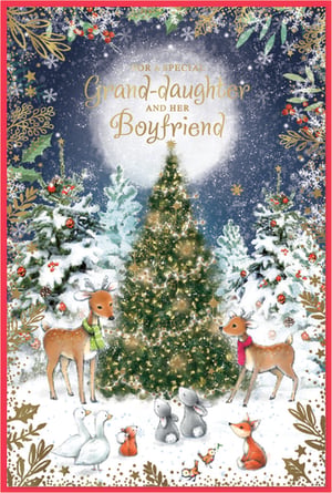 Send warm Christmas wishes to a special Granddaughter and her Boyfriend with this enchanting card from Simon Elvin. Featuring a magical winter wonderland scene, the design showcases a beautifully lit Christmas tree under a starry, moonlit sky. Adorable woodland creatures, including deer, bunnies, geese, and a fox, gather in the snow, adding a heartwarming touch. The festive border with holly and gold accents completes this delightful card. Perfect for showing your love this holiday season. Each pack contains 6 cards, ready for your customers to spread joy.