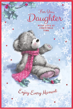 Send warm Christmas wishes to a special daughter with this adorable Christmas card from Simon Elvin. Featuring a charming grey teddy bear, cosily wrapped in a pink polka-dot scarf, sitting amidst a beautiful snowy scene with festive holly, it perfectly captures the magic of the season.
The heartfelt message 'For You, Daughter, With Love at Christmas Time' and 'Enjoy Every Moment' makes this a truly thoughtful choice for any retailer. This delightful design is sure to bring a smile to her face. Available in a convenient pack of 6, making it easy to stock up for the festive period.