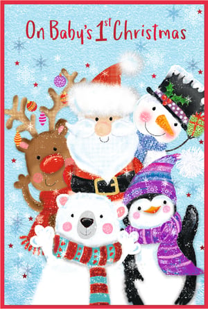 Celebrate a truly special milestone with our adorable 'Baby's First Christmas' card from Simon Elvin. This heartwarming design features a delightful gathering of festive friends, including a jolly Santa, a cheerful reindeer, a friendly snowman, a cute polar bear, and a sweet penguin, all ready to share in the joy.
Set against a snowy blue background with twinkling stars, the charming illustrations and vibrant colours make this card the perfect way to mark a baby's very first Christmas. It's an unforgettable keepsake for new parents and a wonderful addition to any festive display.
Available in a convenient pack size of 1x6, these cards are ideal for retailers looking to offer a truly special and memorable option for this precious occasion.