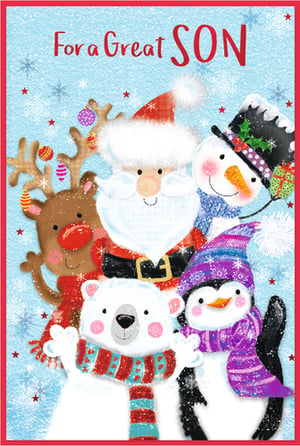This charming Christmas card, specifically designed for a 'Son', is perfect for celebrating him this festive season. It features a delightful ensemble of beloved winter characters: Santa Claus, a friendly reindeer, a cheerful snowman, a cute polar bear, and a playful penguin, all warmly dressed in their festive hats and scarves. The vibrant illustration, set against a snowy blue background with twinkling stars, radiates warmth and holiday cheer. This heartwarming design is sure to make any son feel loved. Available in a handy pack of 6 from trusted supplier Simon Elvin, it's an ideal choice for your seasonal card selection.