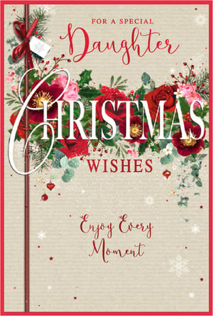 Send heartfelt festive wishes to a special daughter this Christmas with this exquisite card from Simon Elvin. The design features a stunning array of rich red roses, hellebores, and delicate pink blooms, beautifully complemented by traditional holly, berries, and pine foliage. Sparkling accents and a charming red ribbon add a touch of elegance to the rustic background.
The card's warm message, "FOR A SPECIAL Daughter CHRISTMAS WISHES Enjoy Every Moment," is presented in a lovely script and bold lettering, making it truly stand out. Perfect for expressing love and appreciation during the holiday season, this delightful card is available in a convenient pack of 6, ready to enhance your Christmas collection.