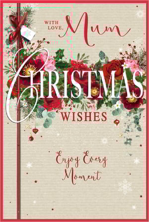 Offer your customers the perfect way to celebrate Mum this Christmas with this exquisite card from Simon Elvin. This beautiful design features a stunning festive floral arrangement, bursting with rich red and delicate pink blooms, lush green foliage, and sparkling accents. The elegant 'WITH LOVE, Mum' message is beautifully complemented by 'CHRISTMAS WISHES' and the warm sentiment 'Enjoy Every Moment'. It's an ideal choice for showing appreciation to a special mother during the festive season. Each pack contains 6 of these delightful 'Mum' Christmas cards, ready to add a touch of warmth and elegance to your seasonal collection.