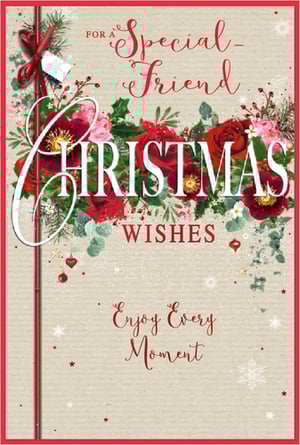 Wish a 'Special Friend' a truly wonderful Christmas with this exquisite card from Simon Elvin. Adorned with a stunning arrangement of festive red roses, delicate pink blooms, holly, and pine, all beautifully accented with sparkling berries and snowflakes, this card radiates warmth and elegance. The heartfelt message 'FOR A Special Friend CHRISTMAS WISHES Enjoy Every Moment' is presented in elegant script, perfect for conveying your warmest seasonal greetings. Its charming rustic-look background and classic red border complete the timeless design. Available in a convenient pack of 6, these cards are ideal for retailers looking to offer a premium option for female friends this Christmas.