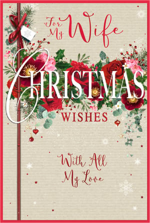 Make her Christmas unforgettable with this beautiful 'Wife' Christmas card from Simon Elvin. This elegant design features a lush festive wreath of red and pink florals, rich green foliage, and delicate glitter accents, all set against a warm, textured background. The loving message, 'For My Wife Christmas Wishes With All My Love', is beautifully scripted, offering the perfect way to convey heartfelt affection this holiday season. Available in a convenient pack of 6, these cards are ideal for retailers looking to offer a truly special choice for their customers.