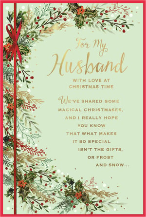 Help your customers celebrate their love this Christmas with this beautiful 'Husband' Christmas card from Simon Elvin. Featuring a charming festive design of holly, berries, and elegant foliage on a soft green background, it's finished with a lovely red ribbon detail. The heartfelt message inside celebrates shared magical Christmases, reminding him that true specialness isn't about gifts or snow, but the love shared. This card is sure to make any husband feel cherished and is a wonderful way to express affection during the festive season. Available in a convenient pack size of 1x6, it's an essential addition to your seasonal greeting card selection.