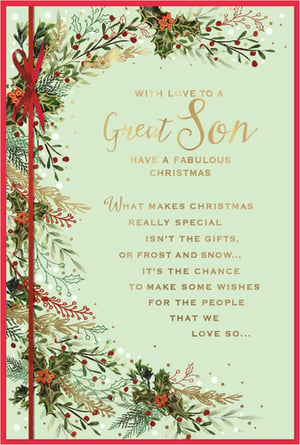 Offer your customers a truly heartfelt way to celebrate their son this Christmas with this beautiful card from Simon Elvin. Featuring a charming festive design of lush green foliage, vibrant red berries, and a delicate red ribbon, it's sure to catch the eye. The elegant gold lettering expresses warm wishes: 'WITH LOVE TO A Great Son, HAVE A FABULOUS CHRISTMAS'. Inside, a touching message reminds us that Christmas is about making wishes for the people we love. This thoughtful card is perfect for any son, making it a must-have addition to your seasonal stock. Available in a convenient pack of 6.