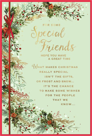 Send warm wishes to your nearest and dearest with these beautiful 'Friends' Christmas cards from Simon Elvin. Featuring a classic festive design of holly, berries, and evergreen foliage, adorned with a charming red ribbon, these cards exude traditional Christmas cheer. The heartfelt message inside reads: 'What makes Christmas really special isn't the gifts, or frost and snow... It's the chance to make some wishes for the people that we know...' Perfect for those special friends in your life, these cards are sure to bring a smile. Each pack contains 6 cards, ideal for your retail display this festive season.