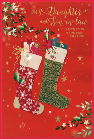 Celebrate the special bond with this beautiful Christmas card for Daughter & Son-in-law. Featuring a charming design of two festive stockings overflowing with gifts, set against a vibrant red background adorned with holly and sparkling stars. The elegant gold script reads, 'For You Daughter and Son-in-law CHRISTMAS IS MADE FOR 'SHARING'', conveying a heartwarming message of togetherness. This thoughtful card is perfect for customers looking to send love to their family this festive season. Supplied by Simon Elvin, each pack contains 6 cards, ready to add a touch of warmth to your Christmas card selection.