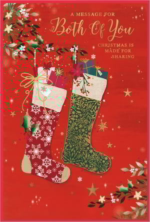 Introduce a touch of festive charm to your Christmas card selection with our 'To Both Of You' card from Simon Elvin. This delightful design features two beautifully illustrated stockings, brimming with gifts, set against a vibrant red backdrop adorned with sparkling stars and classic holly. One stocking boasts a traditional red and white snowflake pattern, while the other shines in elegant green and gold. The heartwarming message, 'A MESSAGE FOR Both Of You, CHRISTMAS IS MADE FOR SHARING,' makes it the perfect choice for couples, friends, or family. Supplied in a convenient pack of 6, these cards are sure to be a popular pick for customers looking to send a special joint greeting this holiday season.