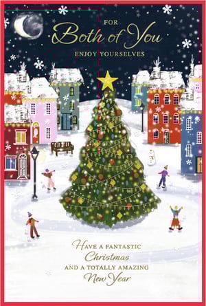 Bring festive cheer to your customers with this delightful "To Both Of You" Christmas card from Simon Elvin. Featuring a charming winter wonderland scene, complete with snow-covered houses, a beautifully decorated Christmas tree, and joyful figures enjoying the snow, it's perfect for sending warm wishes. The card wishes "Both of You" a fantastic Christmas and a totally amazing New Year. This heartwarming design captures the magic of the season, making it an ideal choice for couples, friends, or family. Available in a convenient pack size of 1x6, ensure your shelves are stocked with this enchanting card.