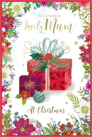 Make Mum's Christmas extra special with this truly lovely card from Simon Elvin. Featuring a heartwarming message, 'FOR A REALLY Lovely Mum At Christmas', this card is beautifully illustrated with festive charm. Vibrant red and purple presents, a sparkling bauble, and an abundance of seasonal foliage including poinsettias and holly, create a wonderfully warm and inviting design. The elegant gold script adds a touch of luxury, making it the perfect way to express your love. Stock up on this popular choice for the festive season. Supplied in a convenient pack of 6, it's an essential addition to your Christmas card selection.