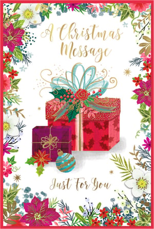 Bring festive cheer to your customers with this beautiful Christmas card from Simon Elvin. Featuring a vibrant, hand-painted style floral border with traditional poinsettias and winter blooms, it frames a delightful scene of beautifully wrapped gifts and a sparkling bauble. The elegant gold script reads 'A Christmas Message Just For You', conveying a warm and personal sentiment.

Perfect for sending heartfelt wishes to friends and family, this card offers a charming design that appeals to a wide audience. Stock up on this lovely 'Open Female' design, available in a convenient pack of 6, and ensure your shelves are ready for the festive season.