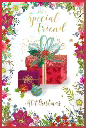Send heartfelt festive wishes to a special female friend this Christmas with this enchanting card from Simon Elvin. Adorned with a vibrant border of classic poinsettias, winter blooms, and lush foliage, it beautifully frames a delightful stack of festively wrapped presents and a charming bauble. The elegant gold script and subtle glitter accents add a touch of sparkle and luxury, perfectly capturing the spirit of the season. This card is ideal for showing appreciation to a cherished friend. Each pack contains 6 cards, ready to bring joy.