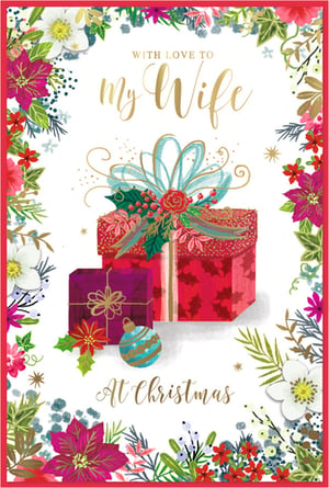 Show your customers how to express their love this Christmas with our beautiful 'Wife' Christmas card from Simon Elvin. This charming card features a delightful festive design, adorned with vibrant poinsettias, delicate white flowers, and lush greenery, creating a truly elegant border. At its heart, two beautifully wrapped gifts and a sparkling bauble add to the holiday cheer. The heartfelt message 'WITH LOVE TO My Wife At Christmas' is elegantly scripted in gold, making it the perfect choice for a cherished wife. Available in a convenient pack size of 1x6, these cards are ready to bring festive cheer to your customers' loved ones. A wonderful addition to any Christmas card collection.
